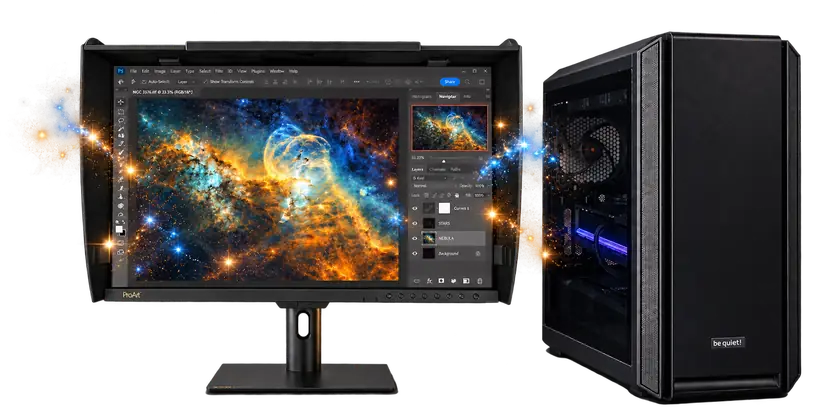 Zakelijk werkstation met monitor waarop Adobe Photoshop een sterrenfoto bewerkt; sterren komen uit het scherm