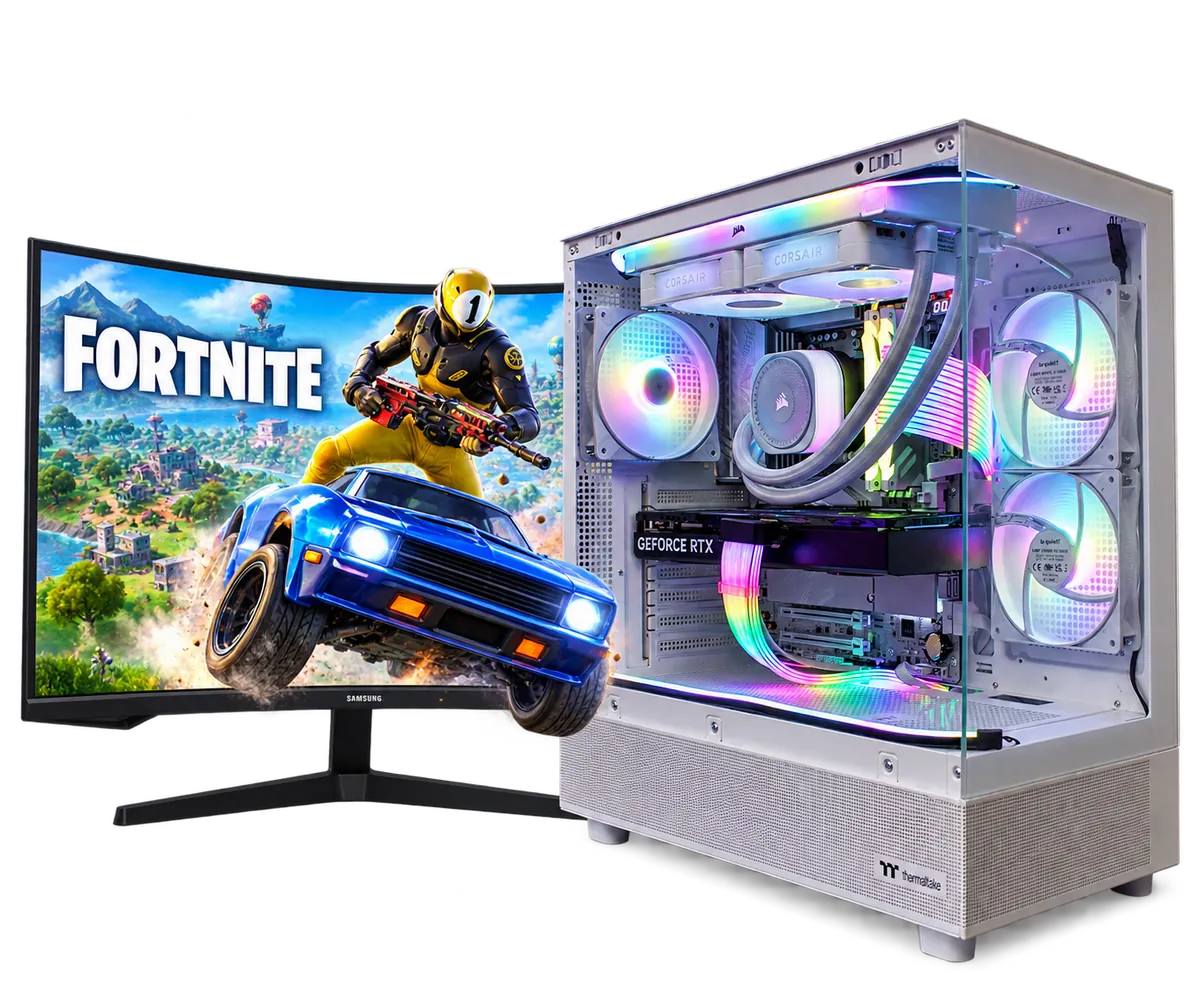Witte Game PC met Fortnite op de monitor en een voertuig dat uit het scherm komt