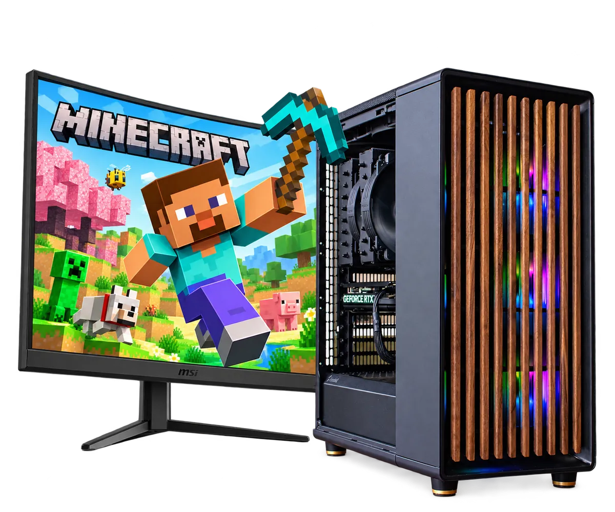 Game PC met Minecraft op de monitor en een personage dat uit het scherm komt