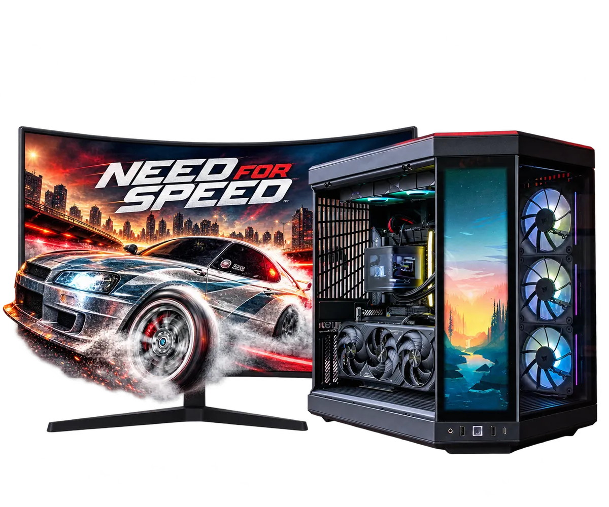 Game PC met frontdisplay en Need for Speed-raceauto die uit de monitor komt
