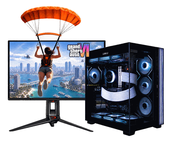 Game PC met witte verlichting naast GTA VI-monitor en parachutiste